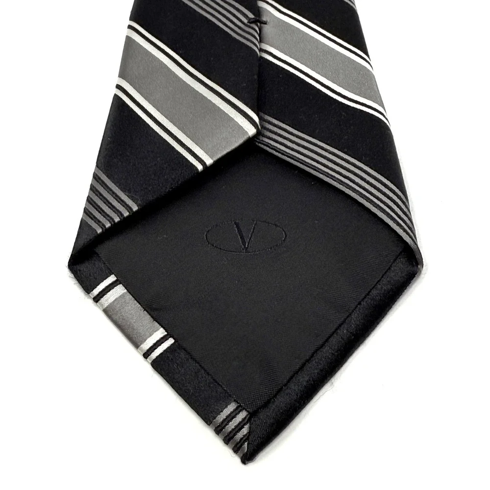 Valentino Repp Striped Silk Tie Black Gray White Tie 3.25